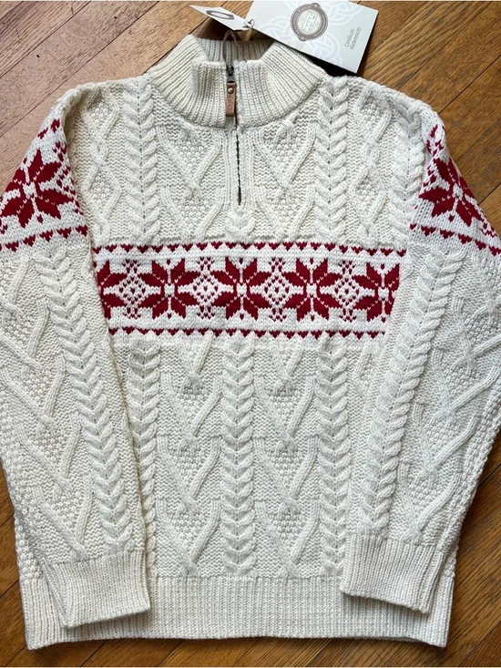 ARAN SWEATER MARKET Irish Knit 100% Wool Cream Cable Knit Half-Zip Sweater - Picture 2 of 14